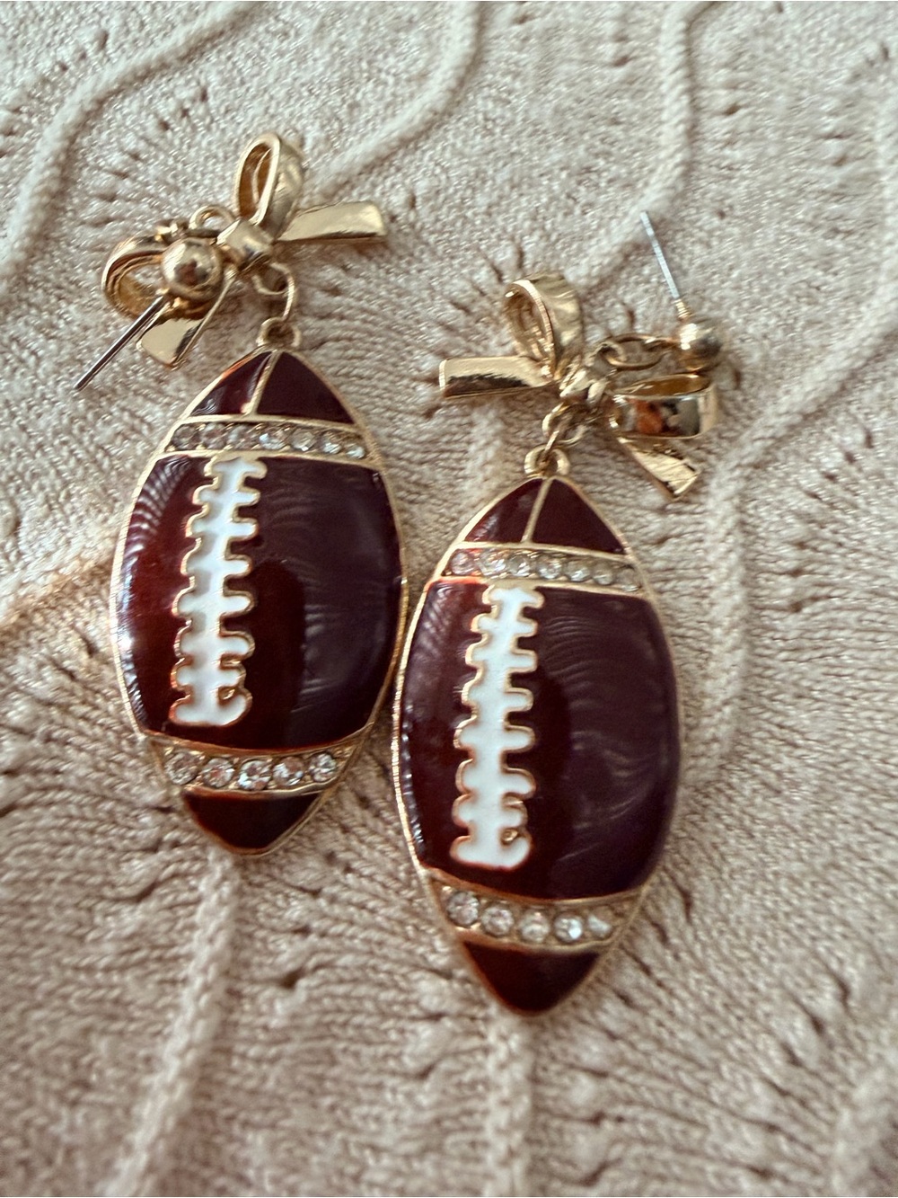 Gold Bow and Brown Football Drop Earrings